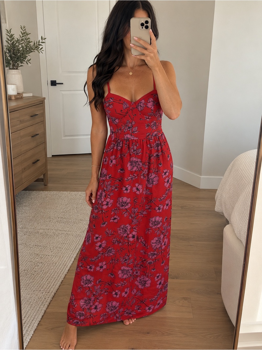 Red Floral Spaghetti-Strap Maxi Dress